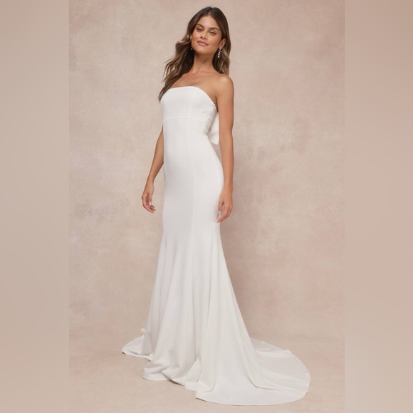 Lulus-Perfectly Romantic White Strapless Bow Mermaid Maxi Dress (XS) - Picture 4 of 7